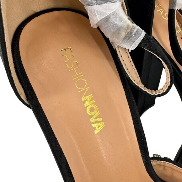 Fashion Nova Aloyse Platform Chunky Heel Rainbow Jeweled Size 8.5 Black Satin - Picture 6 of 11